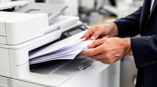 Collaborateur récupérant une impression sur imprimante multifonction laser dans un bureau lumineux