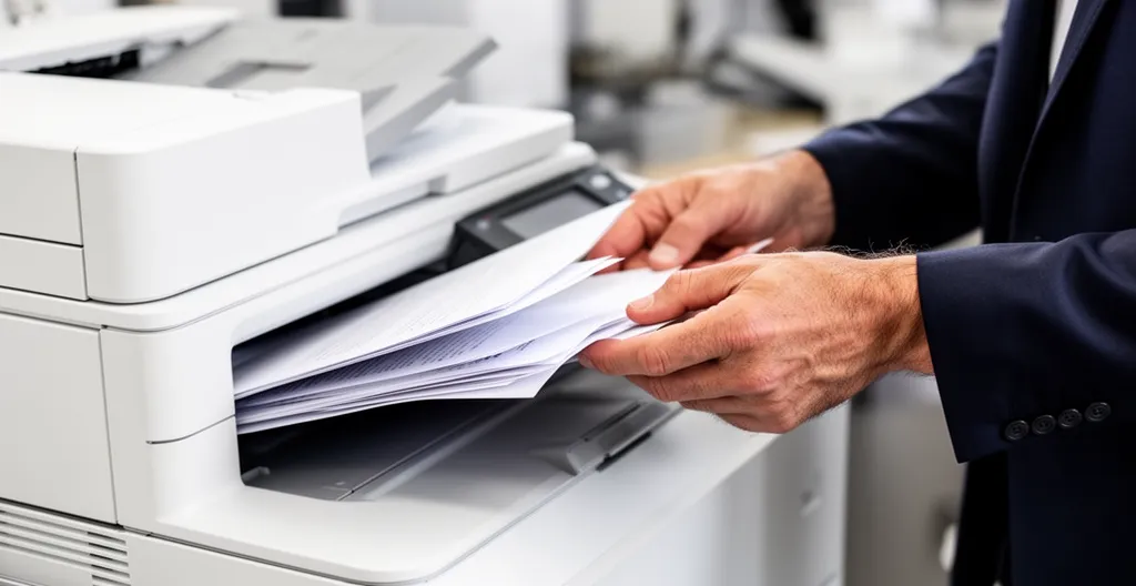 Collaborateur récupérant une impression sur imprimante multifonction laser dans un bureau lumineux