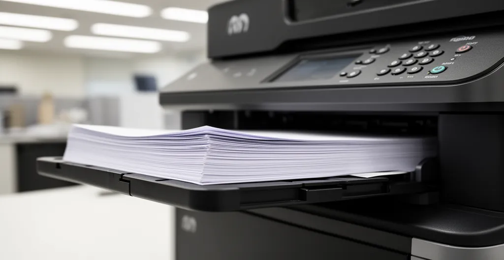 Documents professionnels sortant d'une imprimante laser multifonction de bureau